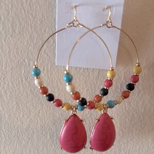 🎉💕 NEW Mollie Large Gold Multicolor Beaded Hoop Teardrop Earrings